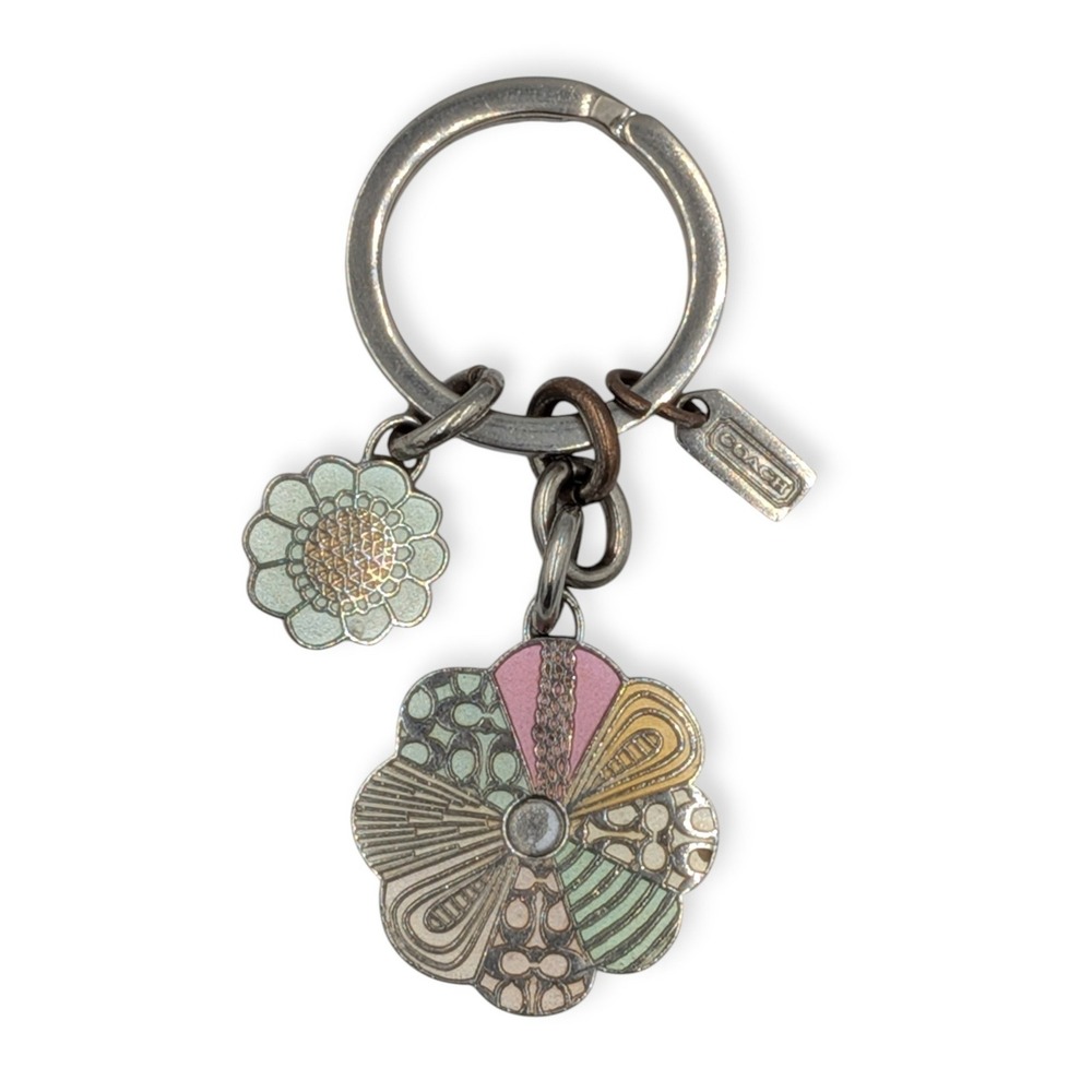 Coach Floral Patchwork Keychain Vintage Silver Multicolor Signature Bag Charm